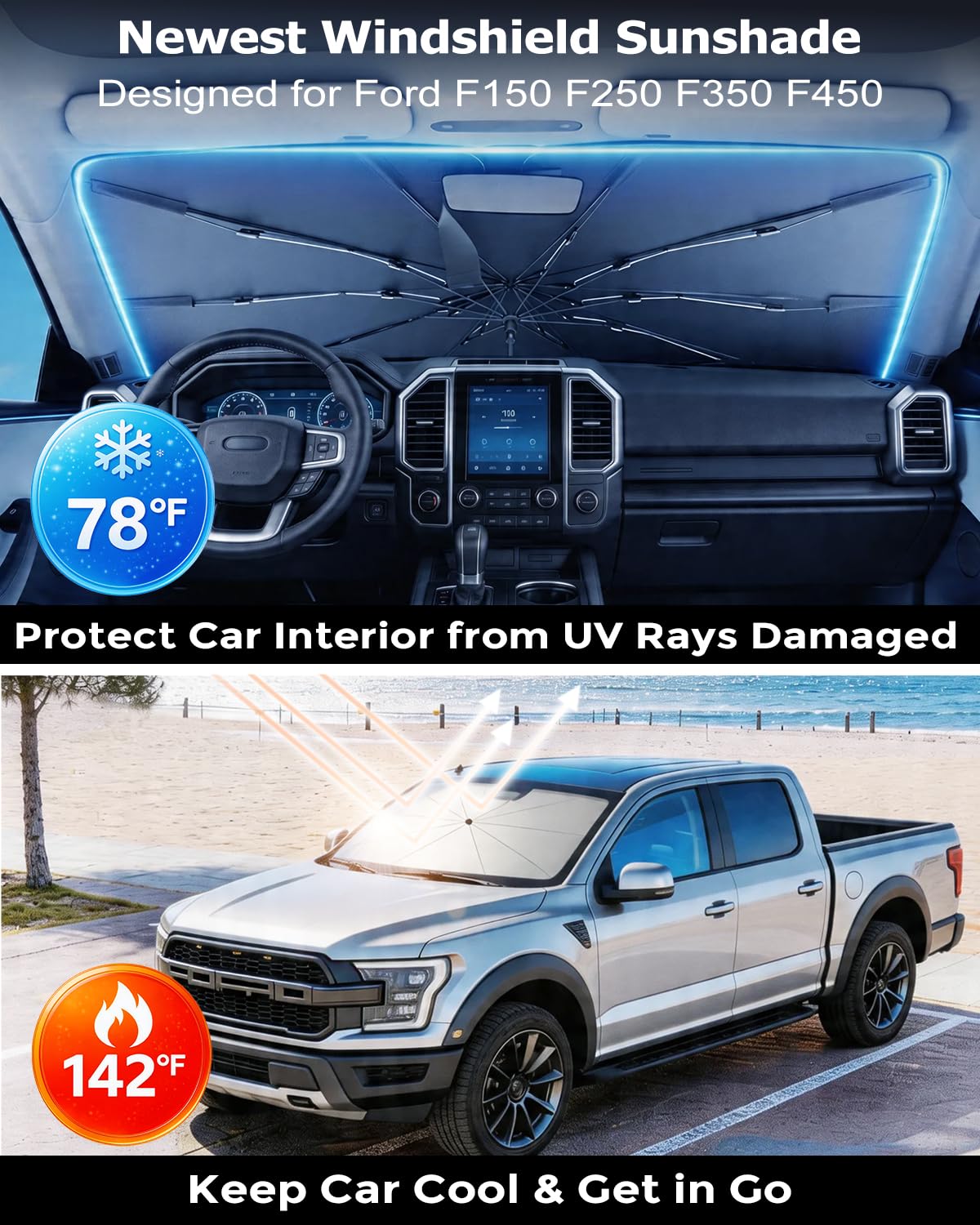 DMJN Umbrella Windshield Sun Shade for Jeep Grand Cherokee (2011-2026), Car Sunshade for Front Windshield [Nano Ice-Crystal Coatings] UPF50+ Heat & UV Block, Protect Interior & Keep Cooler
