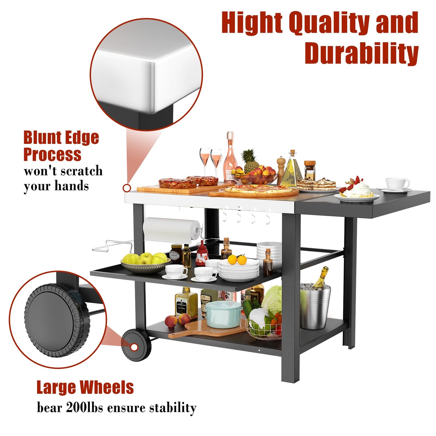 Pizza Oven Table Grill Cart with Topping Station, Grill Table Stand with Wheels for Ninja, Blackstone Griddle, Ooni, Gozney, Cuisinart, Heavy Duty BBQ Prep Cart with Storage Shelf and Hooks