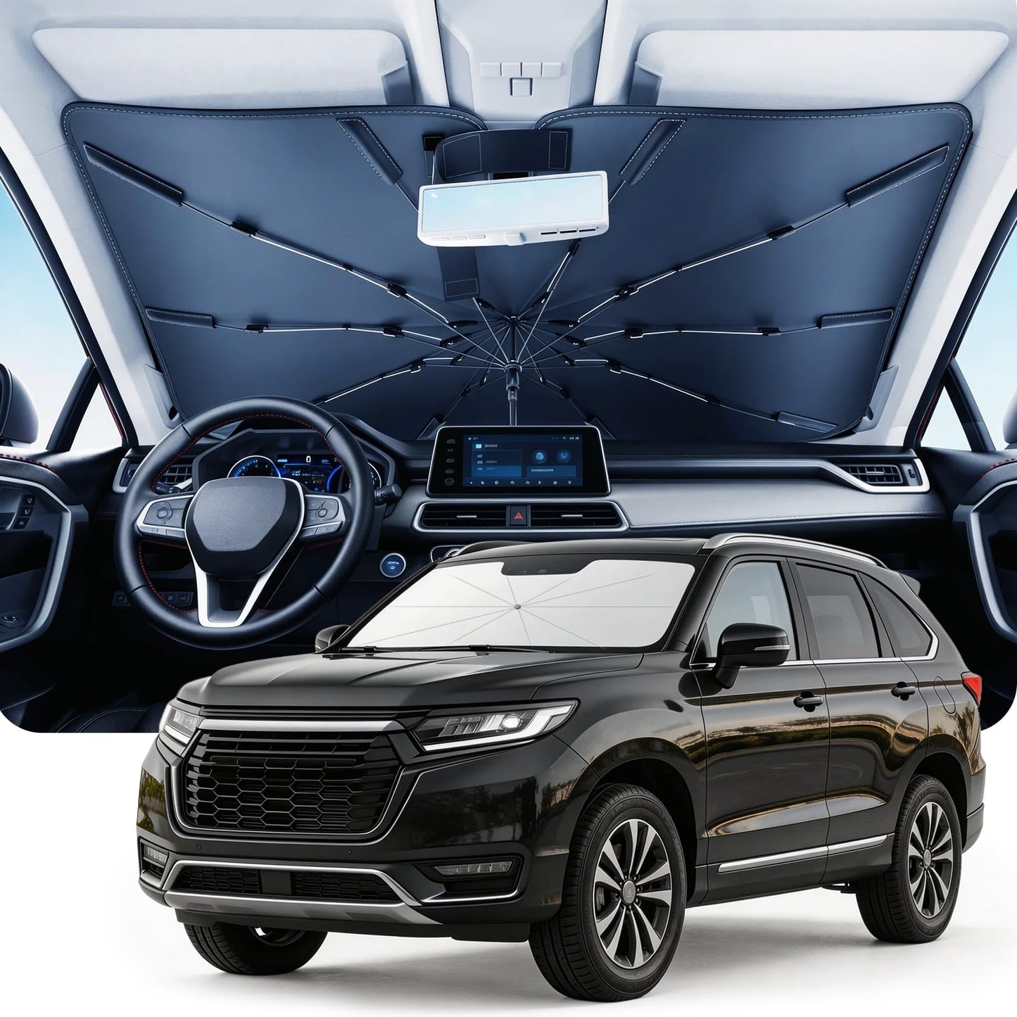 DMJN Umbrella Windshield Sun Shade for Jeep Grand Cherokee (2011-2026), Car Sunshade for Front Windshield [Nano Ice-Crystal Coatings] UPF50+ Heat & UV Block, Protect Interior & Keep Cooler