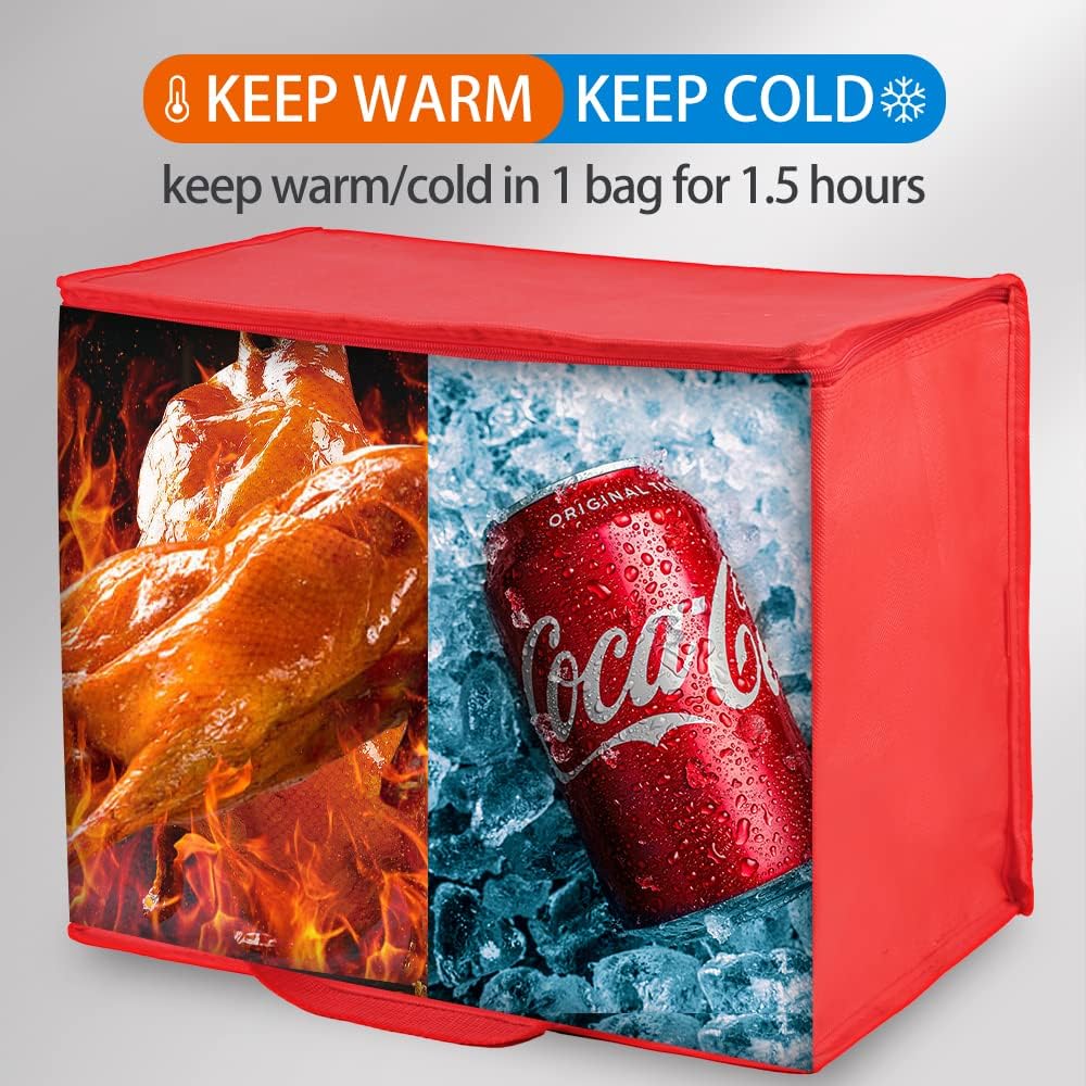 Bodaon Isolierte Essensliefertasche - Warm- & Kalthaltetransporttasche, Catering/Doordash Pizzawärmer, Einkaufstasche, Kühltasche für Partys (Schwarz-Rot, 1 St.), Ideal für den Transport warmer Speisen