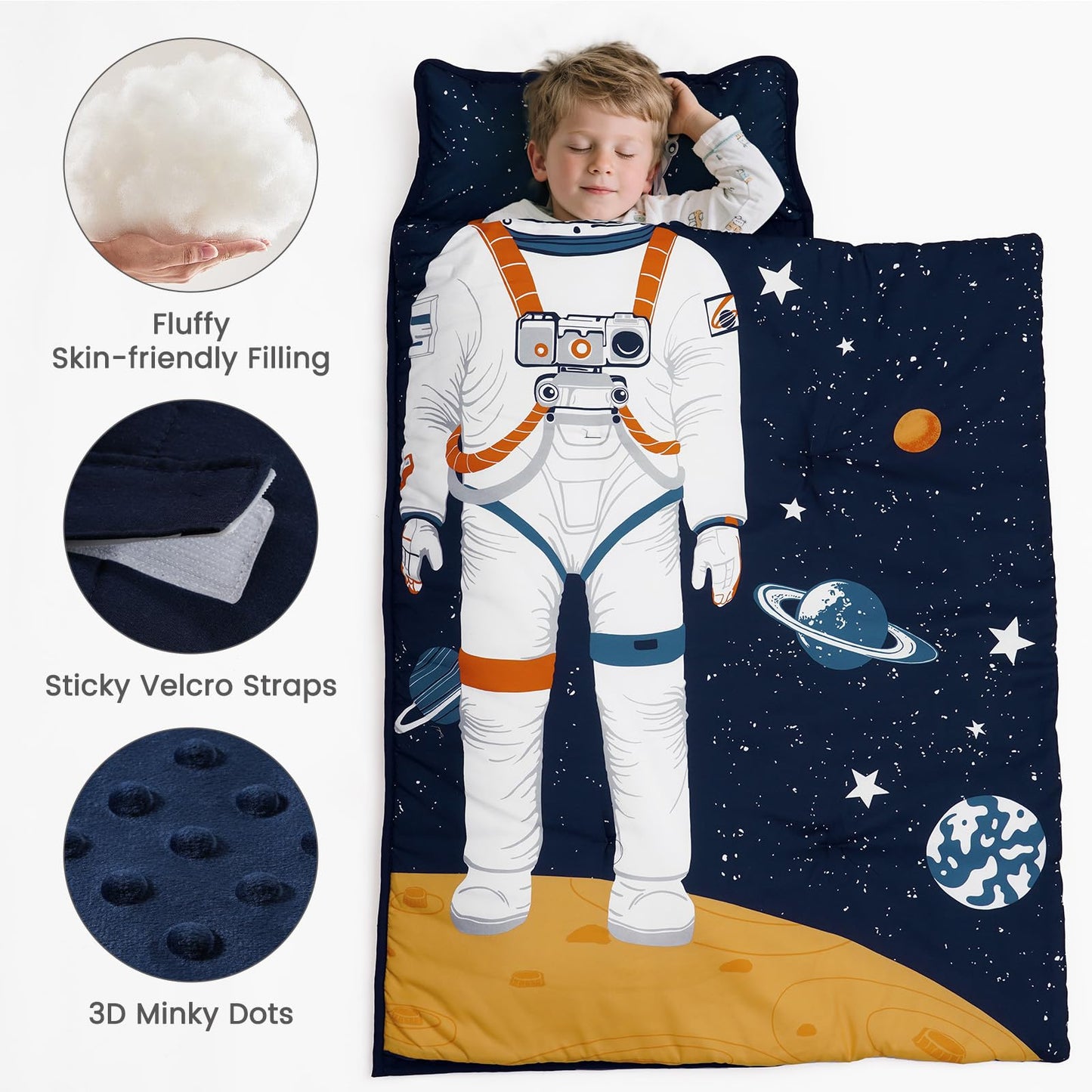 PHF Toddler Nap Mat with Removable Pillow and Minky Blanket, Rollup Design Kids Sleeping Mat, Slumber Bags for Boys, 55"x23" Toddler Sleeping Bag for Daycare Preschool Travel Camping, Space