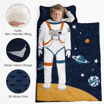 PHF Toddler Nap Mat with Removable Pillow and Minky Blanket, Rollup Design Kids Sleeping Mat, Slumber Bags for Boys, 55"x23" Toddler Sleeping Bag for Daycare Preschool Travel Camping, Space