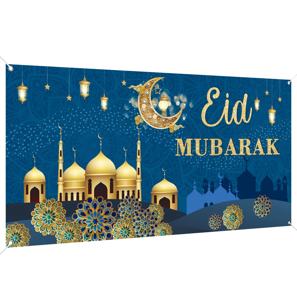 PARSUP Eid Blue Banner, Geometric Pattern, 78 x 43INCH, Wall Mount, Muslim Ramadan Party Supplies