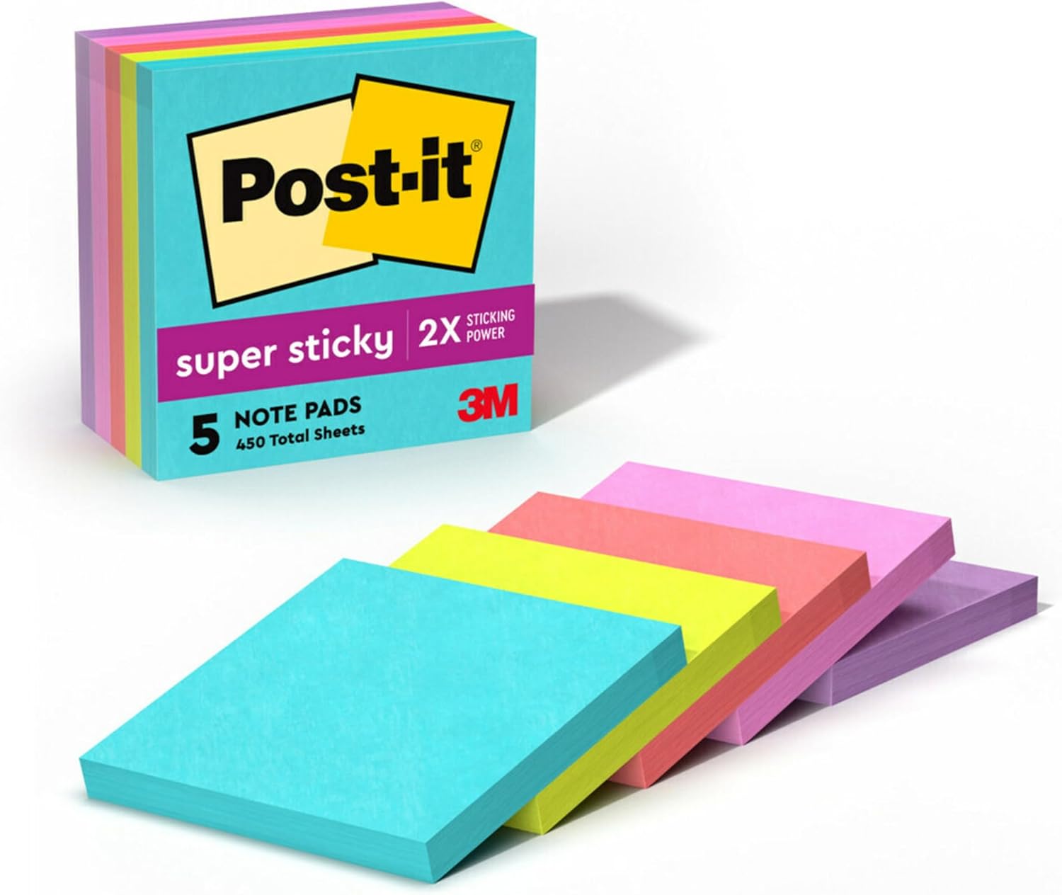 Post-it Super Sticky Notes, 5 Sticky Note Pads, 3 x 3 in., School Supplies, Office Products, Sticky Notes for Vertical Surfaces, Monitors, Walls and Windows, Supernova Neons Collection