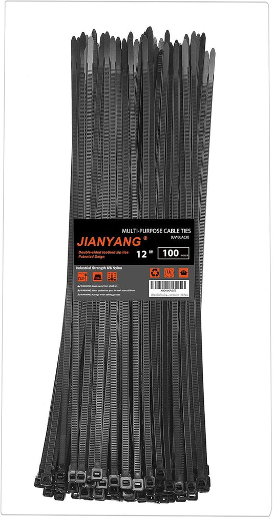 12 Inch Zip Ties Double Sided Toothed,100 LBS Tensile Strength Heavy Duty Cable Wire Ties with Self-Locking Adjustable More Durable Nylon Tie Wraps for Indoor Outdoor（100 Pack）
