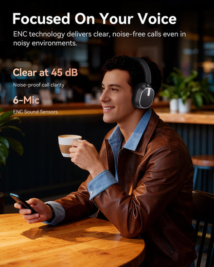 Hybrid Active Noise Cancelling Headphones, 120H Playtime Bluetooth Over Ear Headphones, Bluetooth 6.0 Wireless Headset with Display, 6 ENC Mic, Hi-Res Audio, Transparency Mode for Travel Game Black