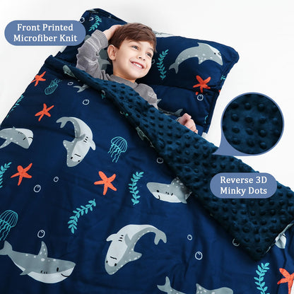 PHF Toddler Nap Mat with Removable Pillow and Minky Blanket, Rollup Design Kids Sleeping Mat, Slumber Bags for Boys, 55"x23" Toddler Sleeping Bag for Daycare Preschool Travel Camping, Space