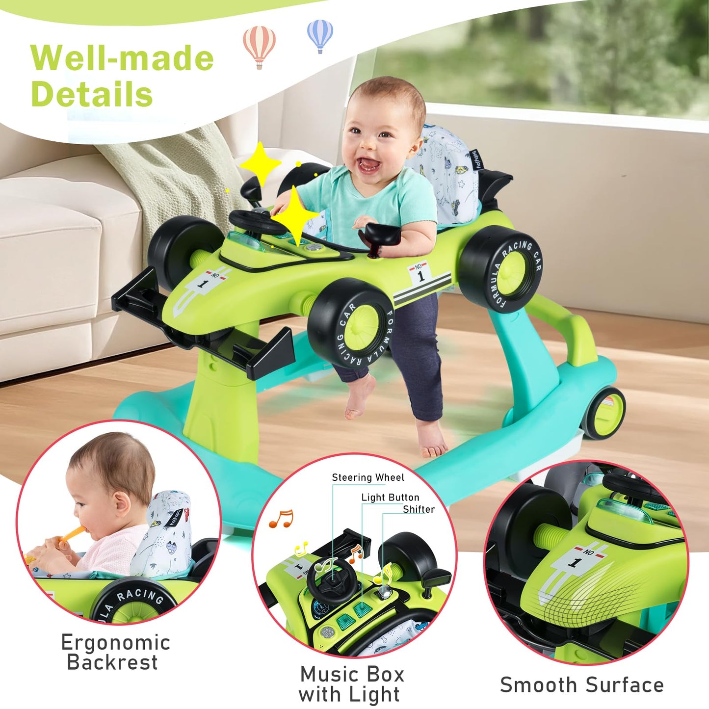 BABY JOY 4-in-1 Baby Walker, Foldable Activity Walker with Adjustable Height & Speed, Music, Lights, Anti-Rollover, Toddler Push Walker, Baby Walker with Wheels for Boys Girls 6-18 Months (Pink)