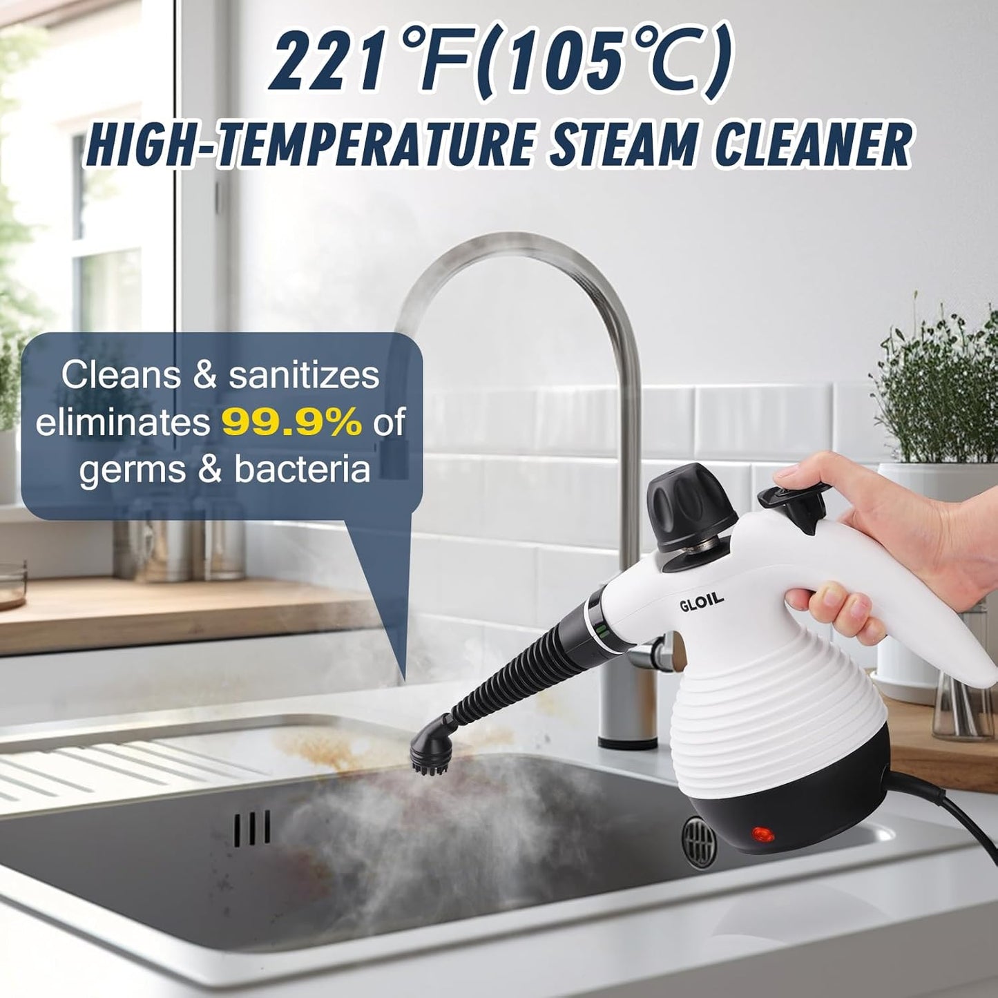 Handdampfreiniger, Dampfreiniger zur Reinigung, vielseitige tragbare Dampfreiniger für den Hausgebrauch mit Sicherheitssperre und 10-teiligem Zubehörset, die Detailwerkzeuge entfernen Schmutz, Fett und mehr (weiß)