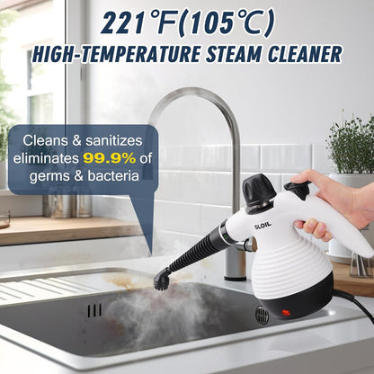 Handdampfreiniger, Dampfreiniger zur Reinigung, vielseitige tragbare Dampfreiniger für den Hausgebrauch mit Sicherheitssperre und 10-teiligem Zubehörset, die Detailwerkzeuge entfernen Schmutz, Fett und mehr (weiß)