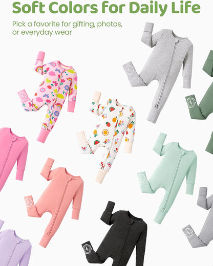 PATPAT Baby Footies Boys Girls - Bamboo Viscose - Zipper & Non-Slip Soles Romper Mitten - Footed & Footless Infant Clothes