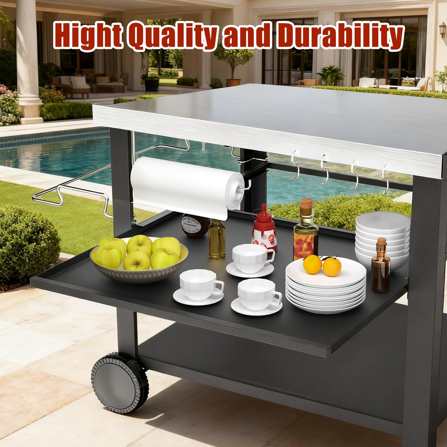Pizza Oven Table Grill Cart with Topping Station, Grill Table Stand with Wheels for Ninja, Blackstone Griddle, Ooni, Gozney, Cuisinart, Heavy Duty BBQ Prep Cart with Storage Shelf and Hooks