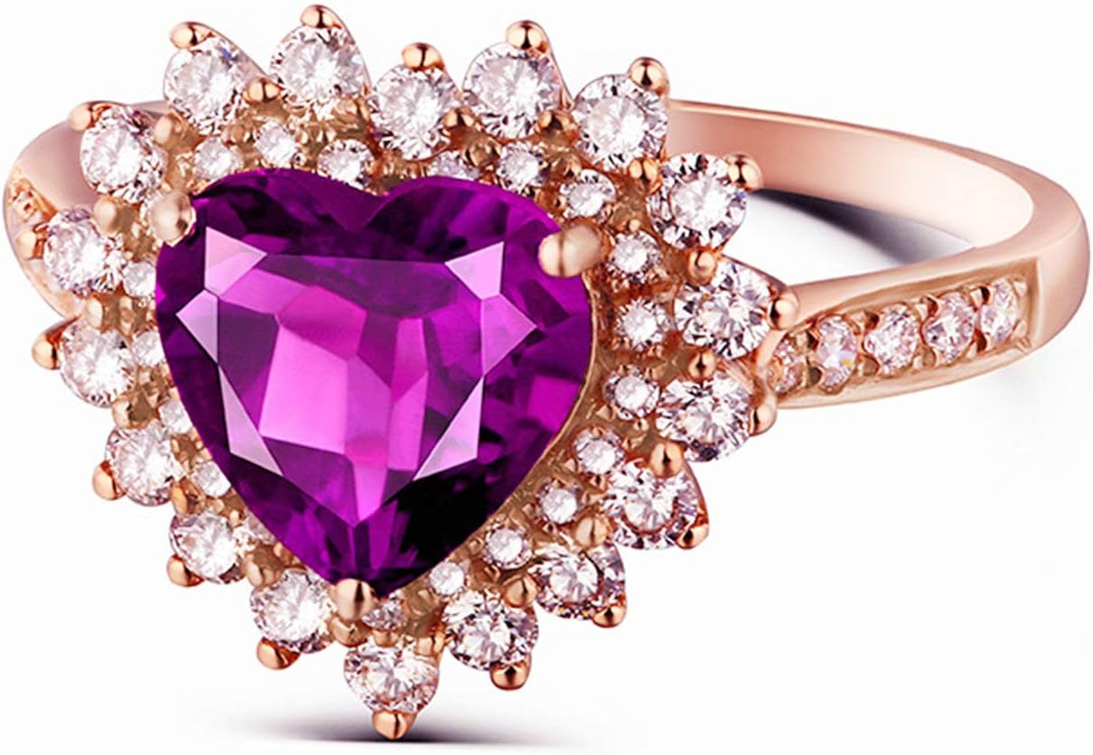 Aienid 18Ct Rose Gold Womens Ring Custom 1.13Ct Heart Shape Amethyst with Round Diamond Wedding Rings for Women