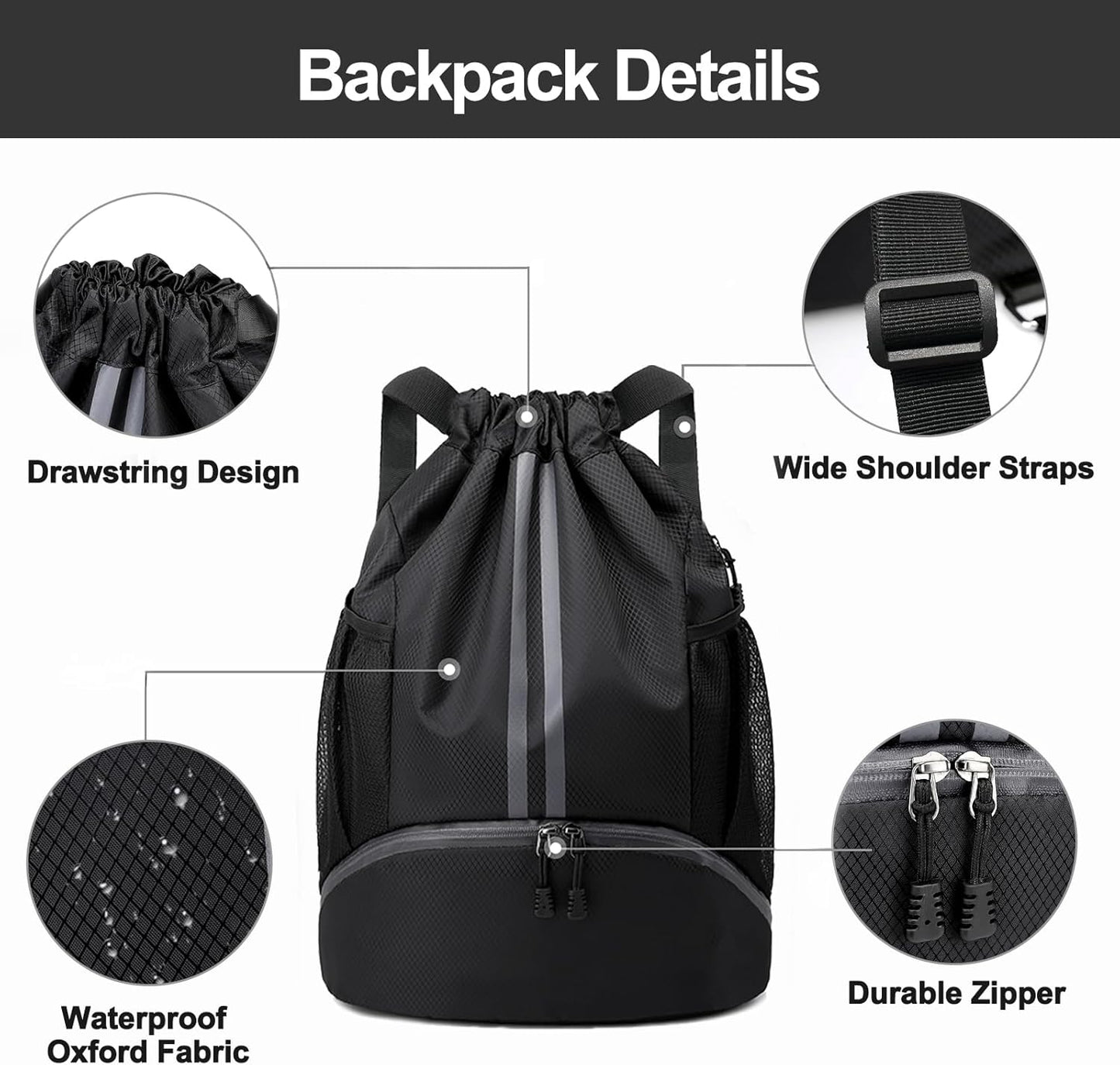 Hoedia Sports-Kordelzugrucksack – Schwimm-Turnbeutel mit Schuhfach und wasserdichter Tasche für Damen und Herren