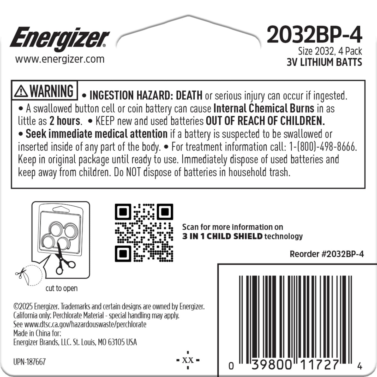 Energizer 2032 Batterien (4er-Pack), 3V Lithium-Knopfzellen