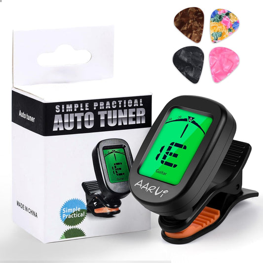 AARVI Clip On Guitar Tuner for All Instruments, Acoustic/Electric Guitar, Ukulele, Bass, Violin, Banjo, Large Clear LCD Display for Guitar Tuning, Chromatic Tuner, 4 Pack Guitar Picks Included