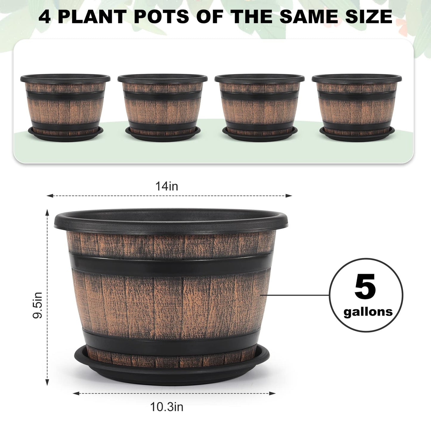 Quarut Plant Pots Set of 4 Pack 12 inch,Large Whiskey Barrel Planters with Drainage Holes & Saucer.Plastic Flower Pots Imitation Wine Barrel Design, for Indoor & Outdoor Garden Home Plants (Brown)