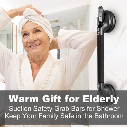 15-Inch Shower Handle - Upgraded Grab Bar with Strong Suction Cups for Bathtub & Shower Safety, Ideal for Seniors, Elderly, Disabled -Silver