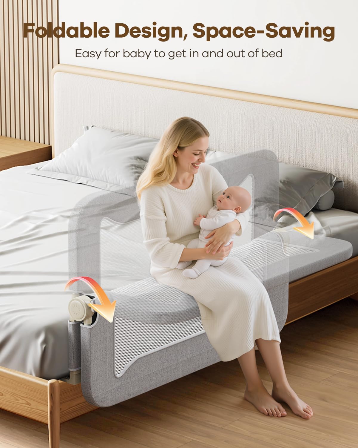 Foldable Bed Rail for Toddlers, 71in Reinforced Carbon Steel Frame&Connectors, Breathable Cationic Fabric - Safety Toddler Bed Rails for Queen, King, Twin, Full, No-Tool Setup.