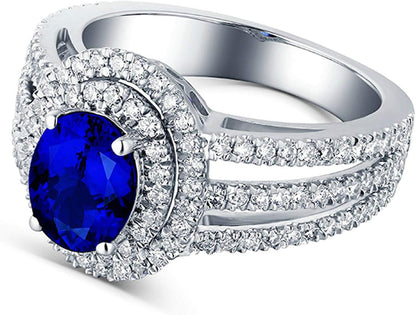 Aienid 18Ct White Gold Wedding Rings for Women 4 Claws Oval Blue Sapphire with Shinny Diamond Wedding Rings for Women