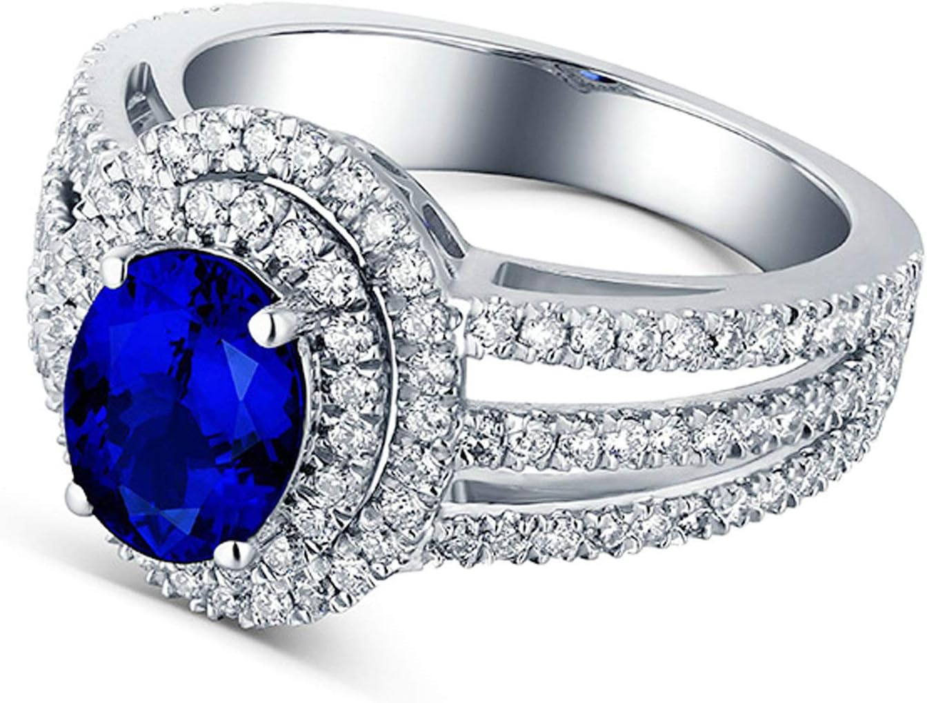 KnSam Women Ring 18K, Blue Sapphire 4 Claws Oval Sapphire with Shinny Diamond
