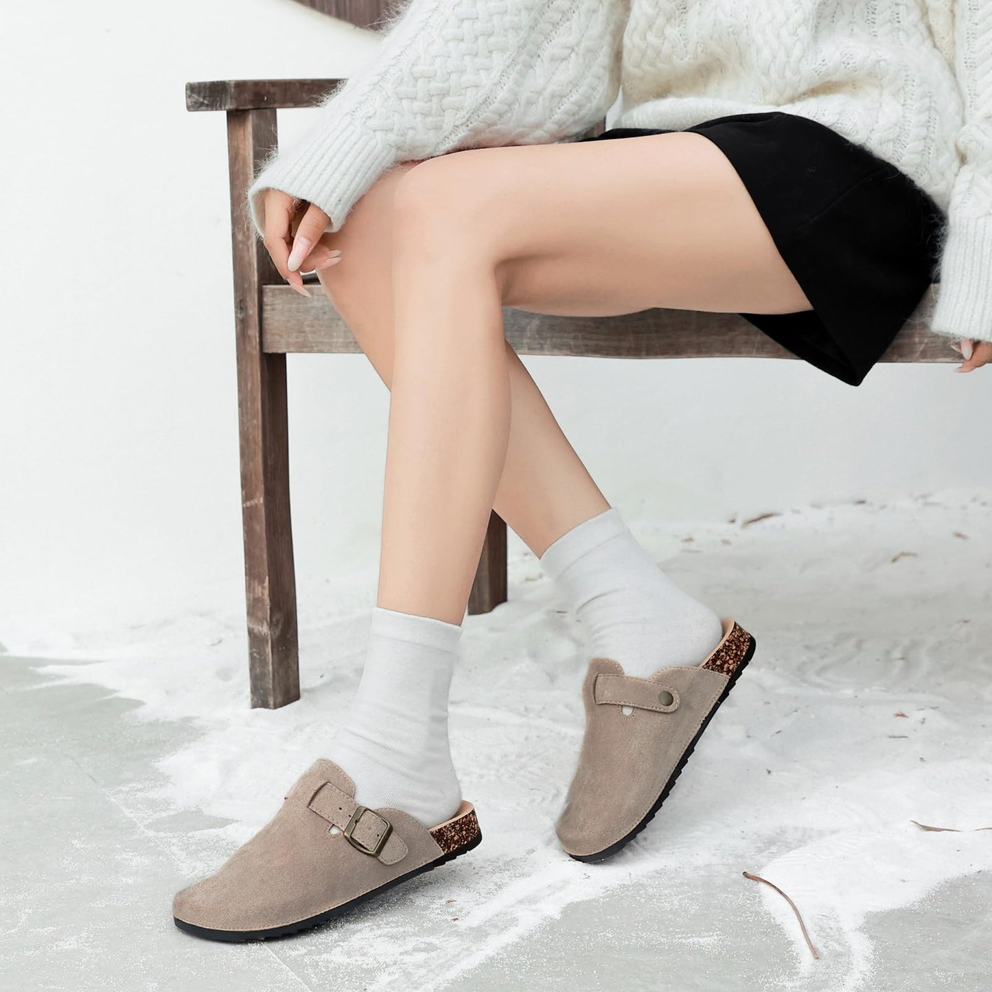 YorFotMae Women's Suede Clogs Mens Leather Mules Comfort Cork Footbed Antislip House Sandals Arch Support Potato Shoes with Adjustable Buckle