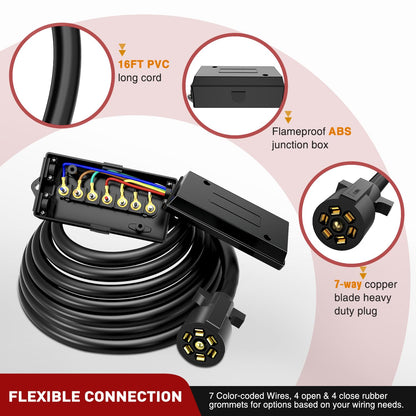 Nilight Heavy Duty 7 Way Inline Trailer Plug 8 Feet Connector Cable 7Pin RV Round Extension Wiring Harness Weatherproof Junction Box for RV Towing Car