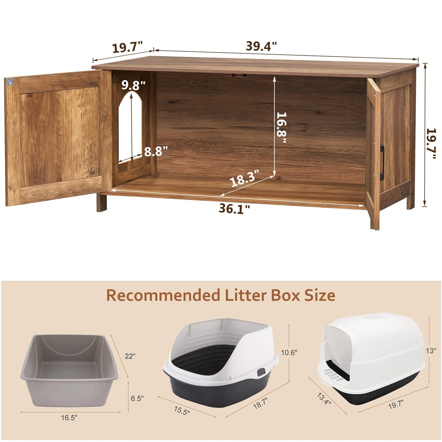 Homhedy Cat Litter Box Enclosure, Wooden Cat Washroom Furniture with Barn Door, Pet House, Fit Most of Litter Box, White