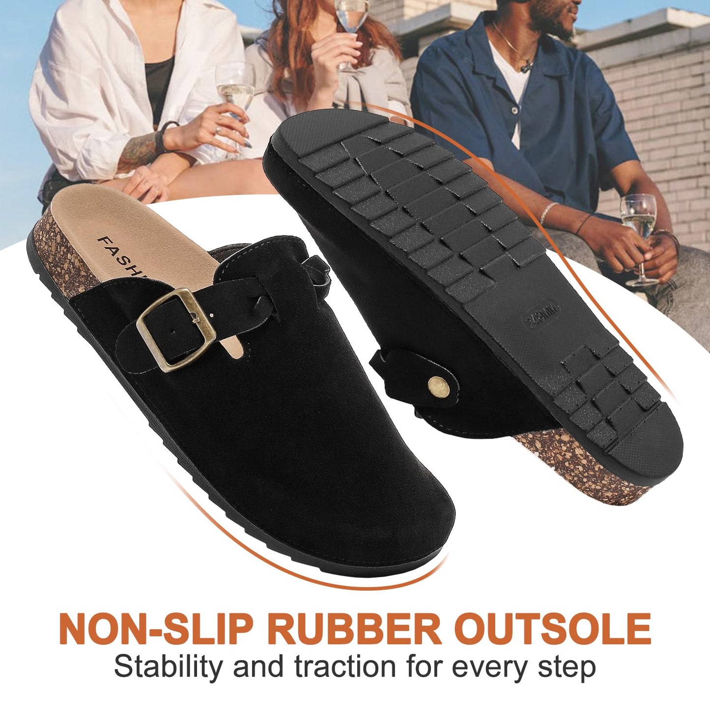 Women's Suede Clogs Mens Leather Mules Comfort Cork Footbed Sandals with Arch Support and Adjustable Buckle