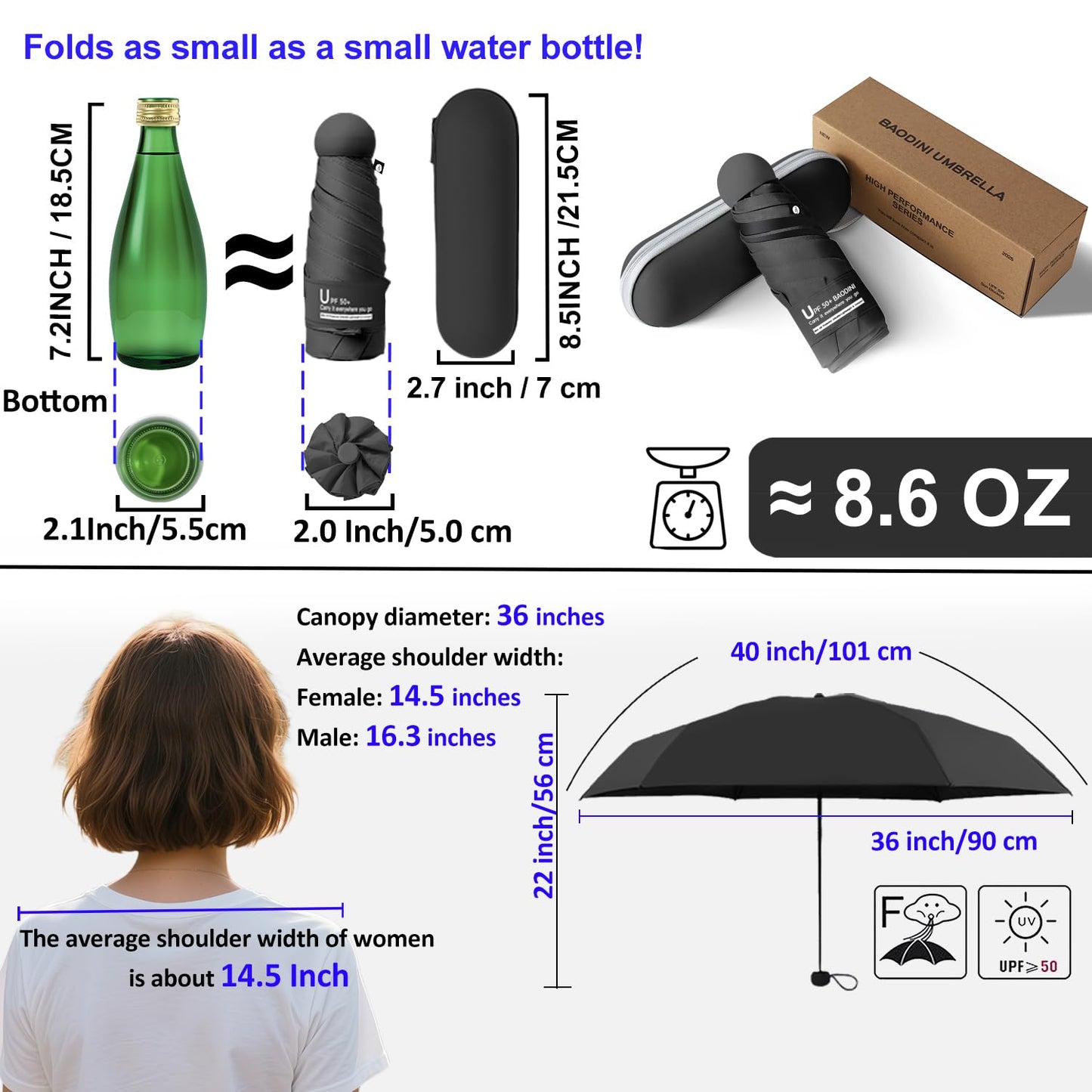BAODINI Reiseutensilien Mini-Regenschirm für die Handtasche mit Etui Klein Kompakt UV-Sonnenschutz Leicht Winzig Tasche Manuelles Öffnen und Schließen Regenschirm für Damen, Kinder und Herren Passt in Handtasche Rucksack