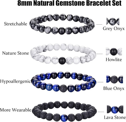 Tigerauge Armband für Herren 8MM Natursteinperlen Armband Set Stretch Lava Stein Armbänder Verstellbares Schwarzes Kristallperlenarmband für Herren Damen Geschenke