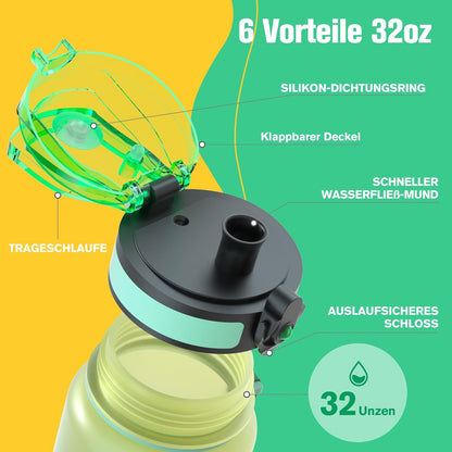 Sahara Sailor Trinkflasche, 950ml Motivations-Sportflasche mit Zeitmarkierung – Trinkzeiten – Tritan, BPA-frei, weite Öffnung auslaufsicher, Fast-Flow-Technologie mit Reinigungsbürste (1 Flasche)