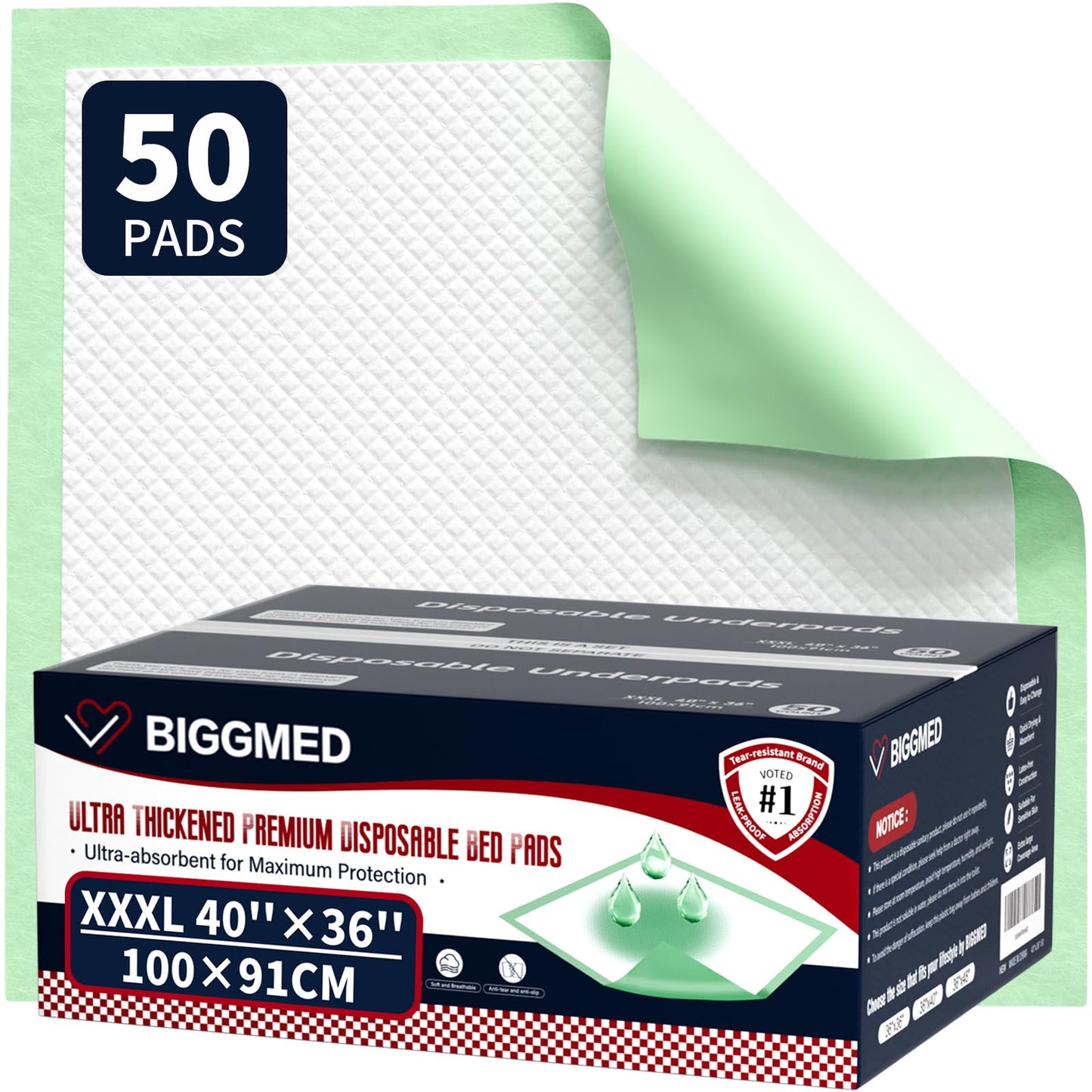 BIGGMED Tear-Resistant Incontinence Bed Pads 40'' x 36'' 130 Gram Heavy Duty (25 Count) Disposable Underpads Chucks Pads for Adults, Kids & Elderly | Protection Pads for Bed, Sofa, and Chair