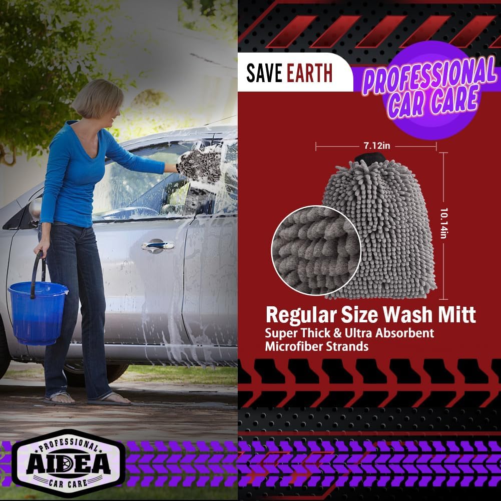 AIDEA Auto Waschhandschuh Mikrofaser, 2er Pack Kratzfrei Fusselfrei, Premium Chenille Mikrofaser Waschhandschuh Auto Waschbürste, Grün, Reguläre Größe 18,08 cm x 25,76 cm