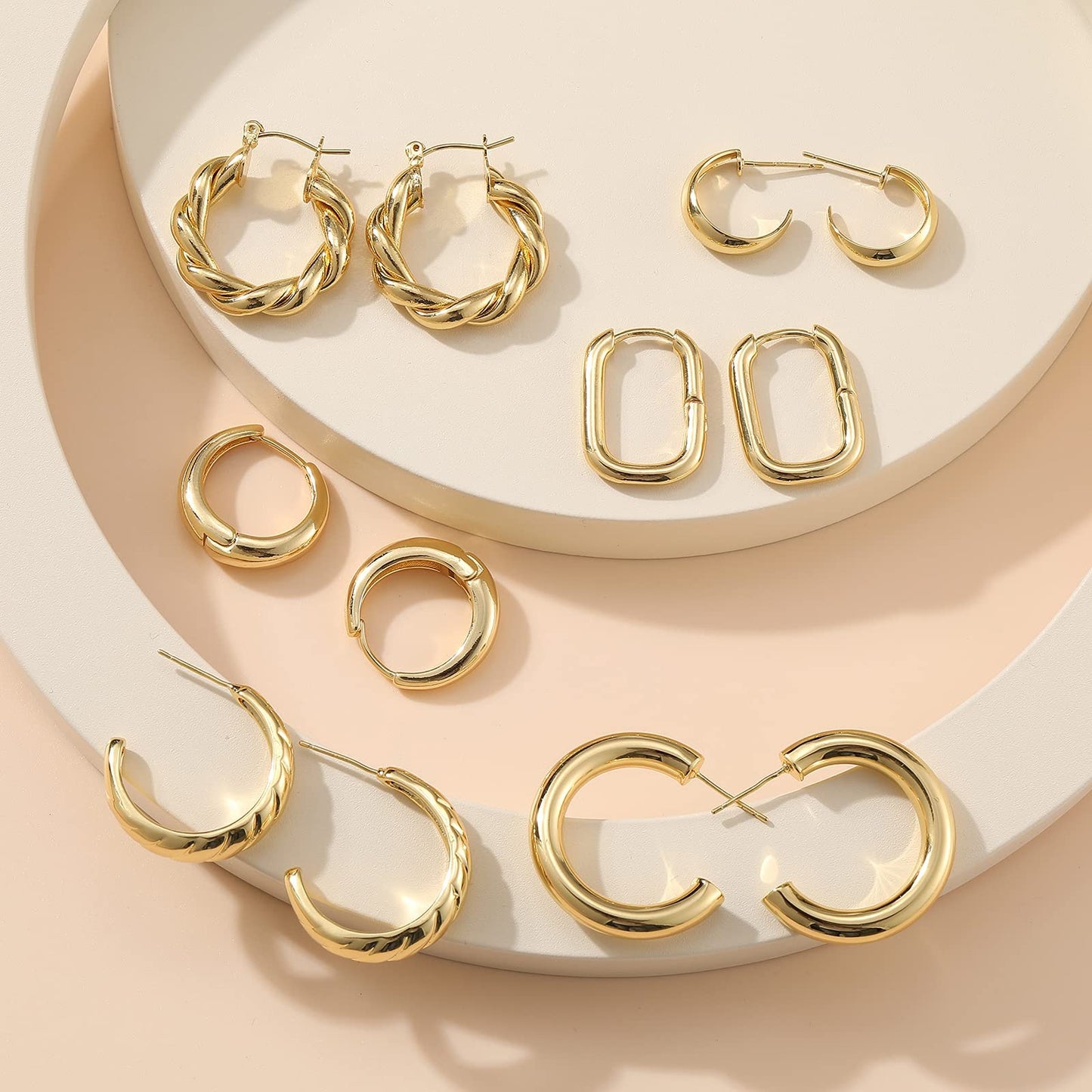 Creolen Set für Damen, 6 Paar 14K Vergoldet Leicht Hypoallergen Dick Offen Gedreht Creolen Ohrringe Pack Schmuck