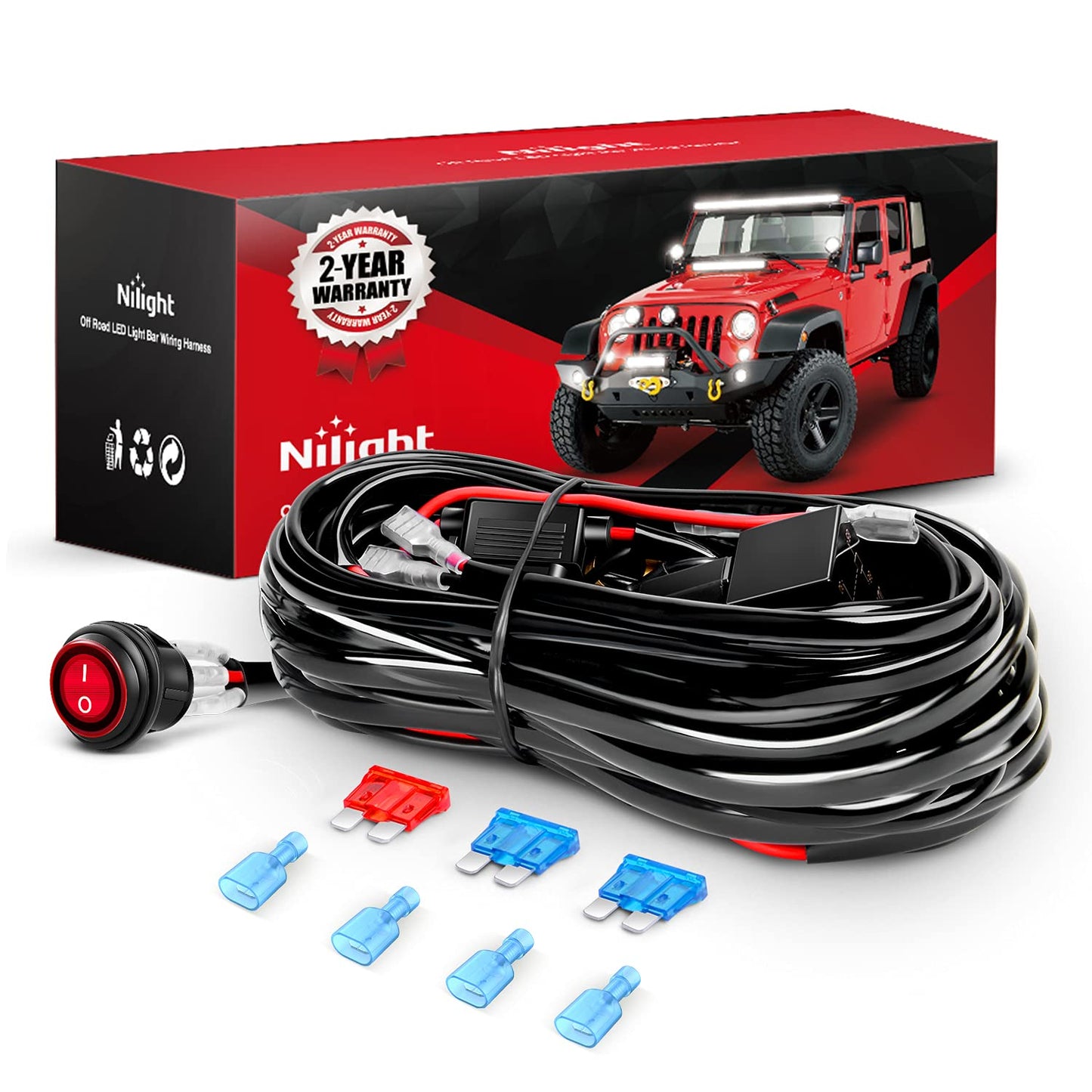 Nilight - NI -WA 06 LED Light Bar Wiring Harness Kit - 2 Leads 12V On Off Switch Power Relay Blade Fuse for Off Road Lights LED Work Light, 2 Years Warranty