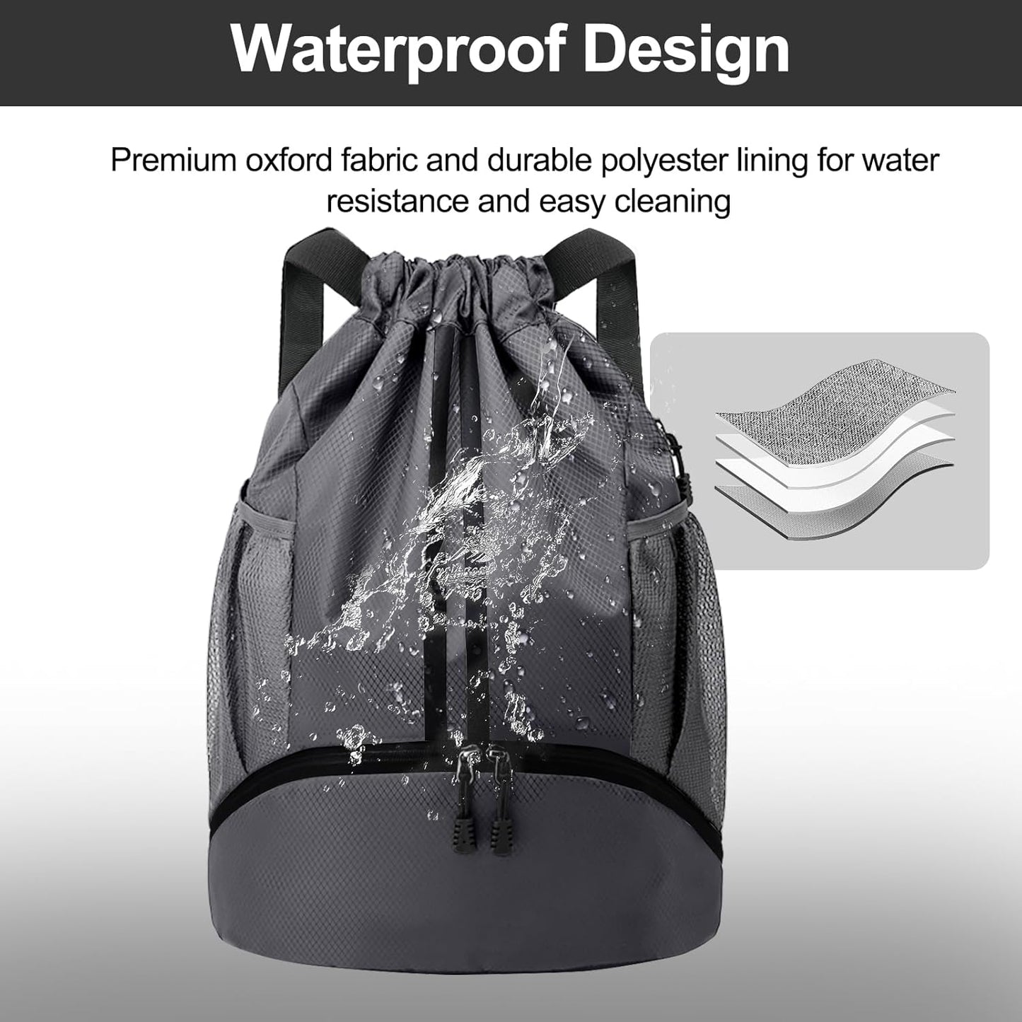 Hoedia Sports-Kordelzugrucksack – Schwimm-Turnbeutel mit Schuhfach und wasserdichter Tasche für Damen und Herren