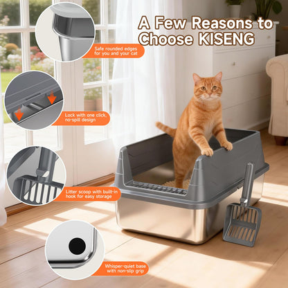 Stainless Steel Cat Litter Box, Odor Free Metal Litter Box with High Sides Lid, Open Top Low Entry Litter Pan Include Scoop Easy Cleaning Anti-Scratch Kitty Cat Box Anti-Urine Leakage, Non-Sticky