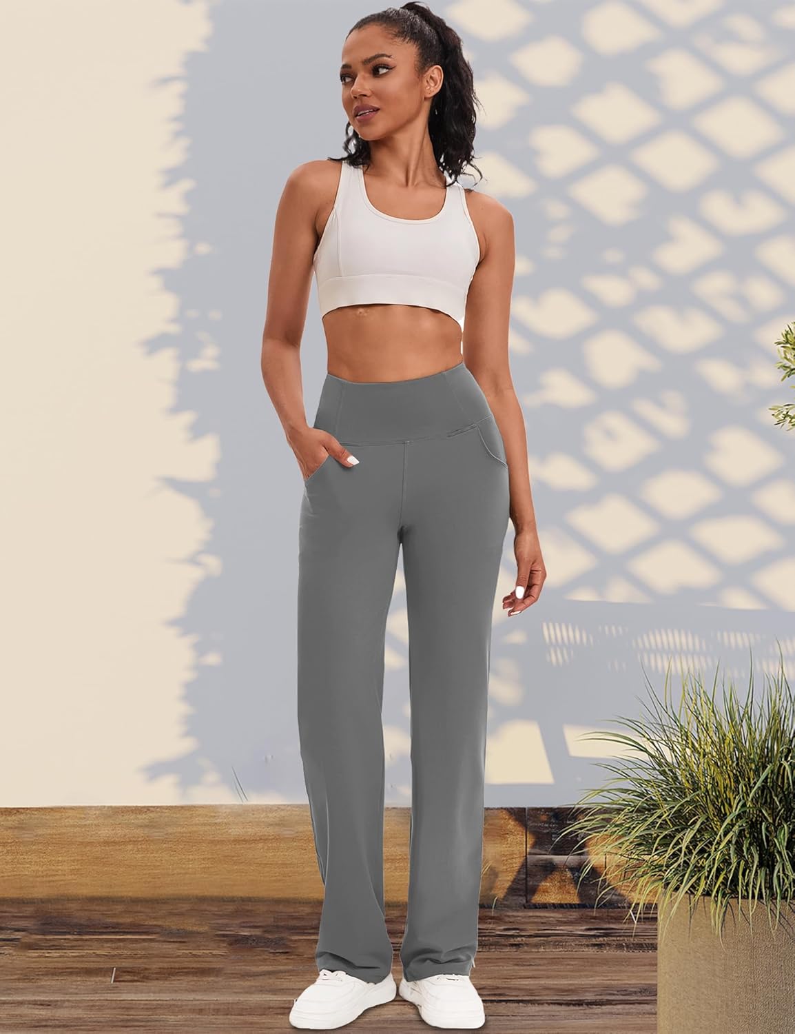 VOOVEEYA Yogahosen für Damen mit Taschen, gerade geschnittene Hose mit weitem Bein, hochtaillierte Business-Hose, petite/regulär//lang