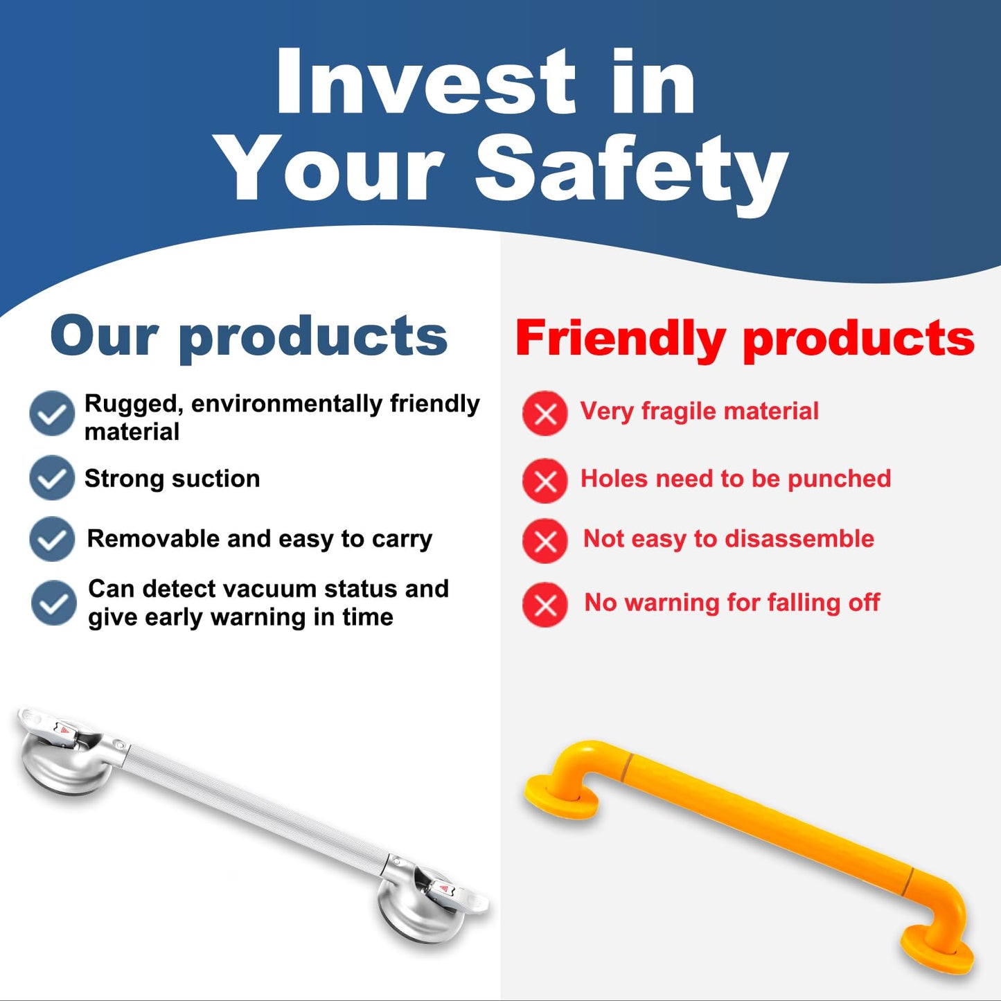 15-Inch Shower Handle - Upgraded Grab Bar with Strong Suction Cups for Bathtub & Shower Safety, Ideal for Seniors, Elderly, Disabled -Silver