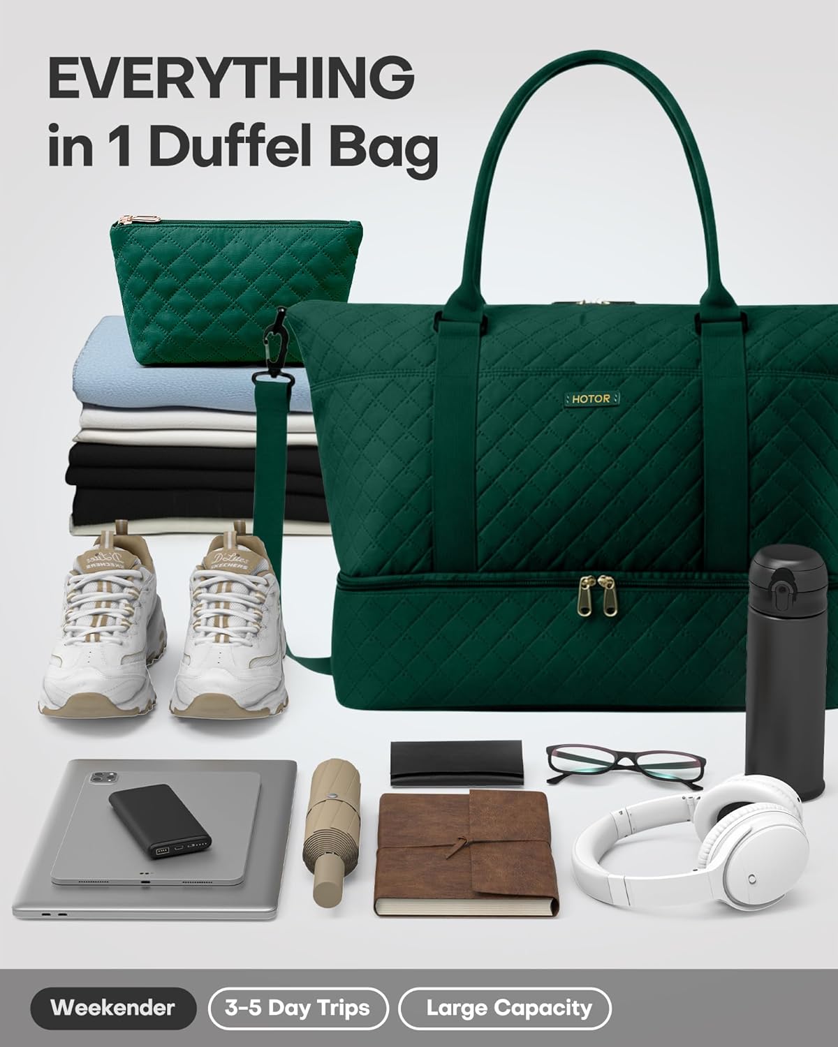 HOTOR Reisetasche - Große Weekender-Tasche für Frauen, Handgepäck mit Schuhfach, Übernachtungstasche mit Kulturtasche für Reiseutensilien und Reisezubehör, Schwarz, 34,0 x 45,0 x 20,0 cm