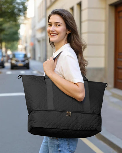 HOTOR Reisetasche - Große Weekender-Tasche für Frauen, Handgepäck mit Schuhfach, Übernachtungstasche mit Kulturtasche für Reiseutensilien und Reisezubehör, Schwarz, 34,0 x 45,0 x 20,0 cm