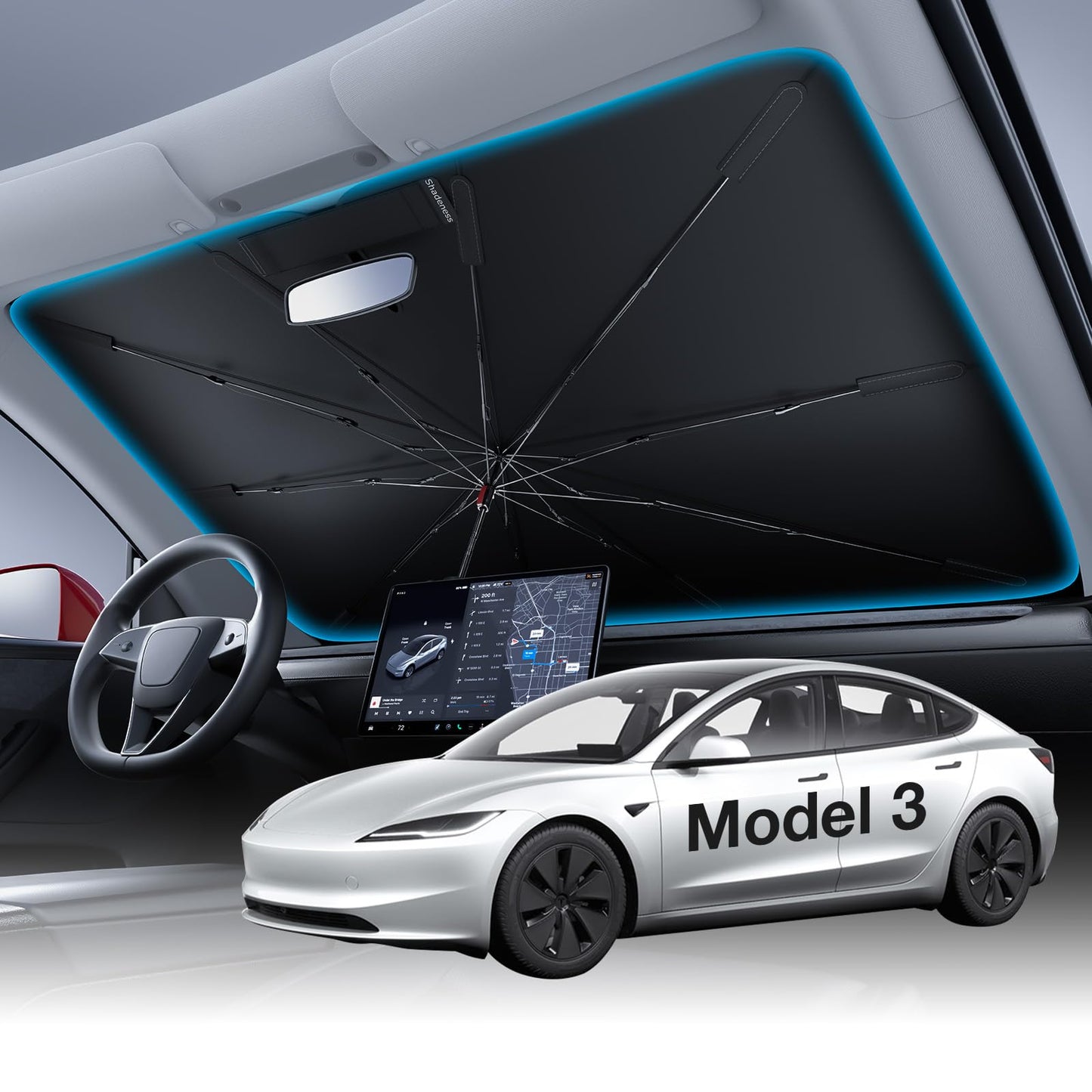 Wigoo Windshield Sun Shade Umbrella for Tesla Model Y [100% Sun Blockage, Ice Cooling Fabric] Foldable Heat Insulation Front Window Sunshade Umbrella for Tesla Model Y 2020–2026 (Juniper)