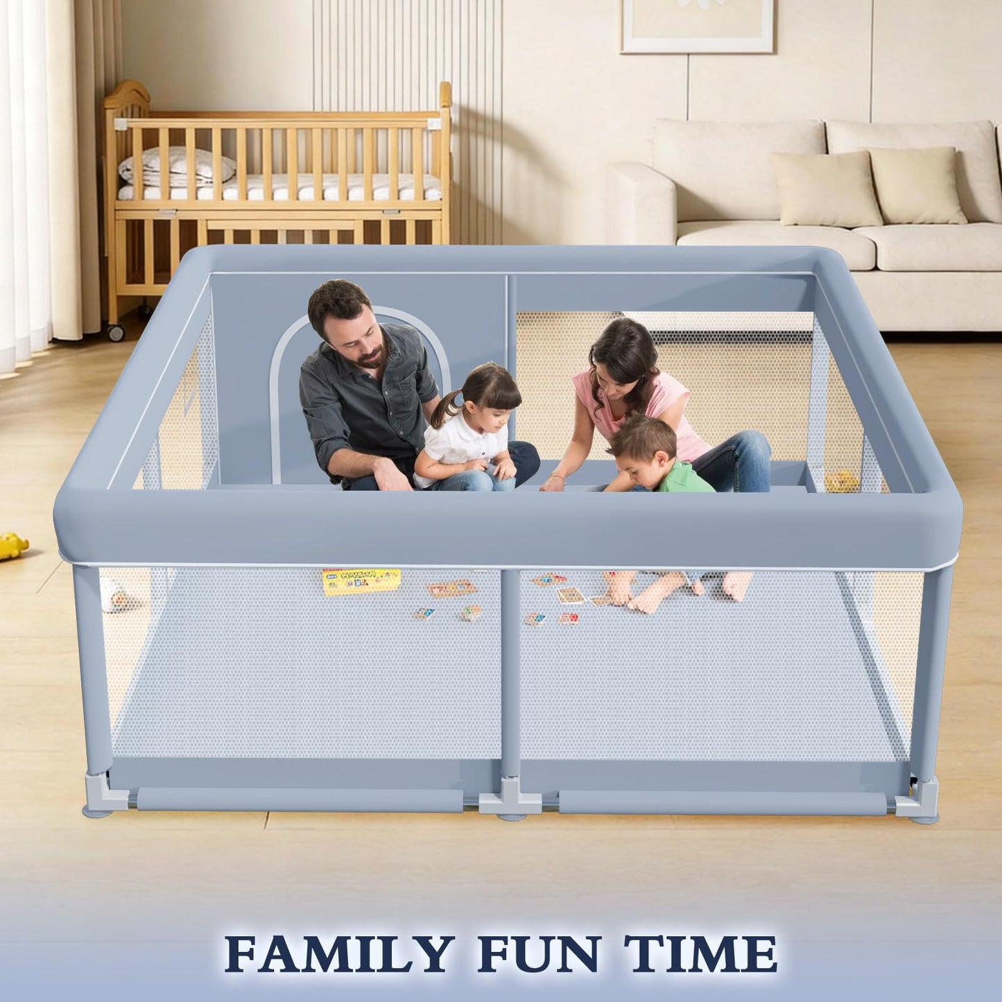 XVISHX 50 x 50 Inch Baby Playpen, Playpen for Babies and Toddlers, Baby Play Pen Playard for Indoor & Outdoor Active Center Game Fence, with Skin-Friendly Fabric and Soft Breathable Mesh, Grey