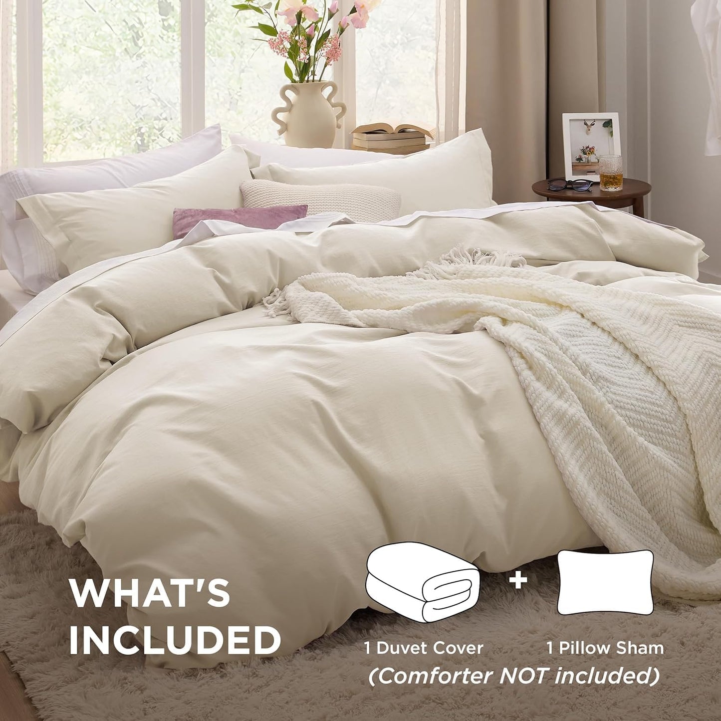 Funda nórdica blanca Bedsure, tamaño Queen, 3 piezas, aspecto de algodón prelavado, juego de cama extrasuave, incluye 1 funda nórdica de 228 x 228 cm con cierre de cremallera y 2 fundas de almohada, edredón no incluido