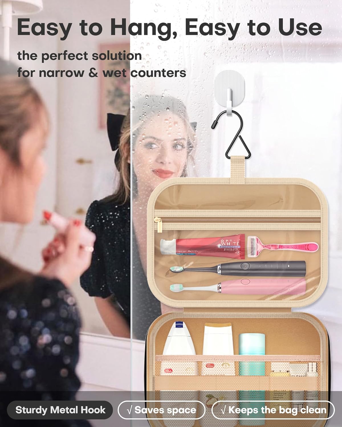 HOTOR Kulturbeutel für Damen – Geräumiger Kulturbeutel für Herren, Wasserdichte Make-up-Tasche mit Aufhängehaken und mehreren Fächern, Reiseaccessoires, Reiseutensilien, Schwarz, Mittel