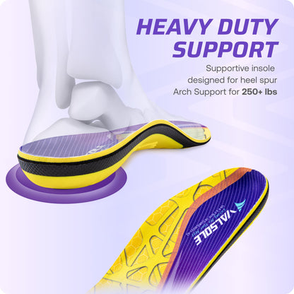 VALSOLE Heavy Duty Support Pain Relief Orthotics - 220+ lbs Plantar Fasciitis High Arch Support Insoles for Men Women, Flat Feet Orthotic Insert, Work Boot Shoe Insole, Absorb Shock with Every Step