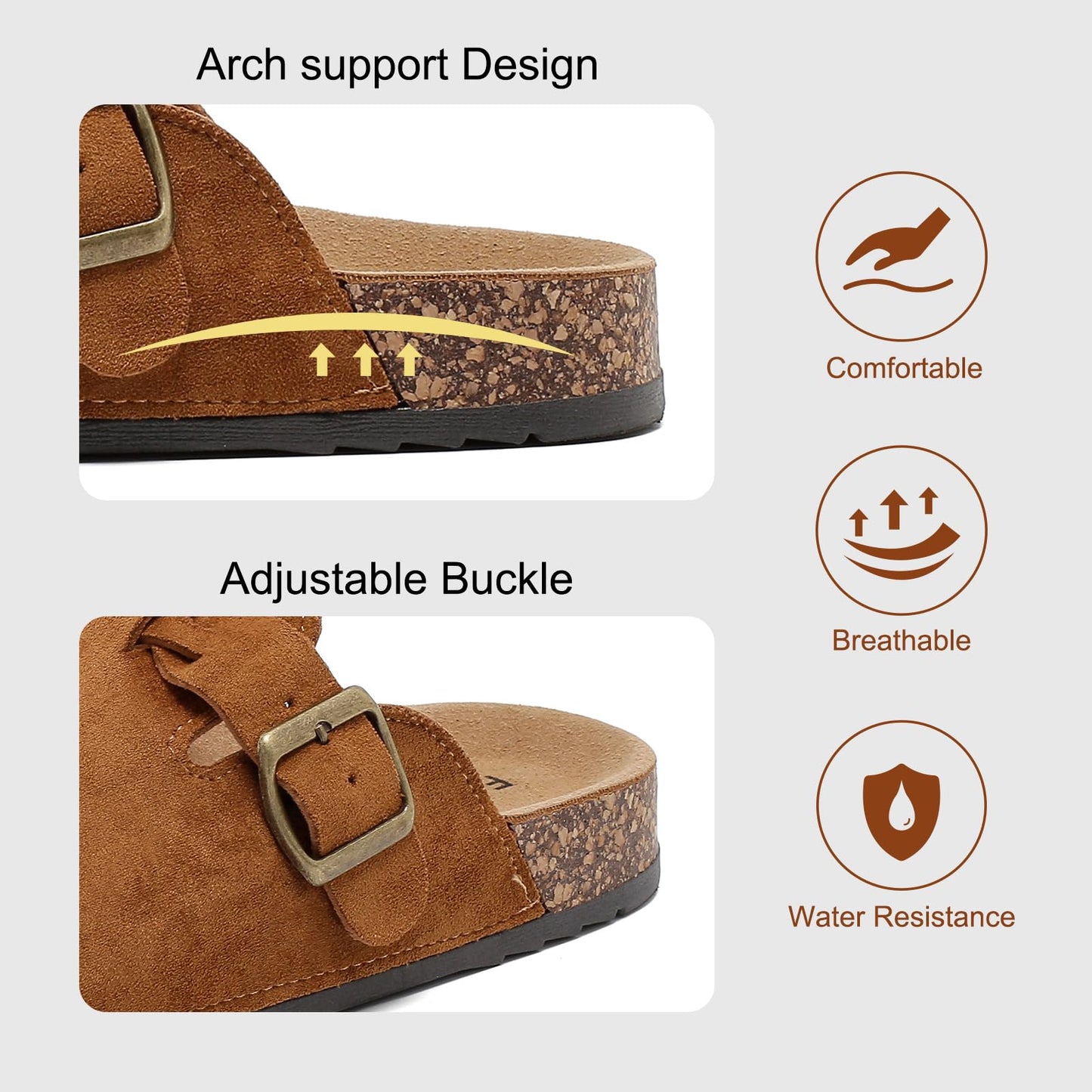 Women's Suede Clogs Mens Leather Mules Comfort Cork Footbed Sandals with Arch Support and Adjustable Buckle