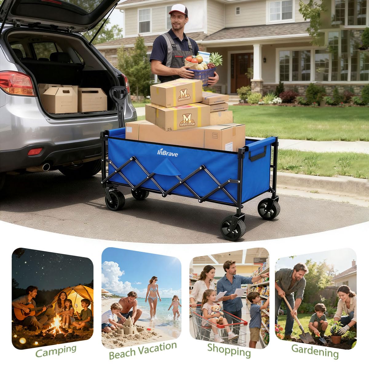Extra Long Collapsible Wagon Cart, 480LBS Heavy Duty Utility Wagons with All-Terrain Wheels, Foldable Grocery Carts for Gardening, Shopping, Beach, Camping, Black