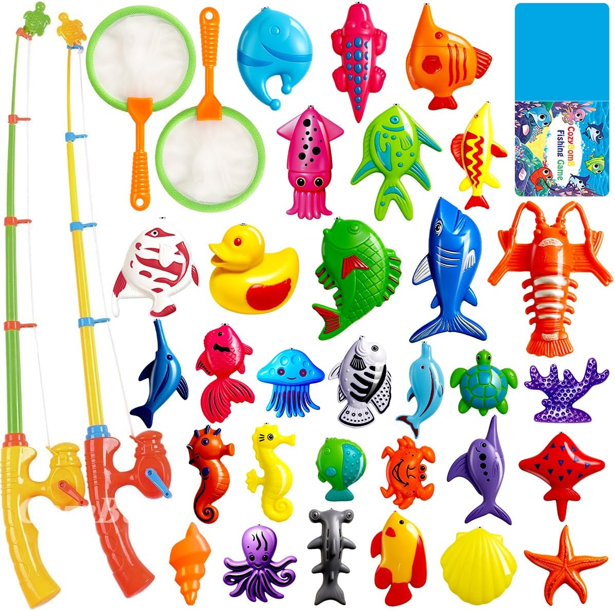 CozyBomB Magnetic Fishing Pool Toys Game for Kids - Water Table Bath-tub Kiddie Party Toy with Pole Rod Net Plastic Floating Fish Toddler Color Ocean Sea Animals Age 3 4 5 6 Year Old